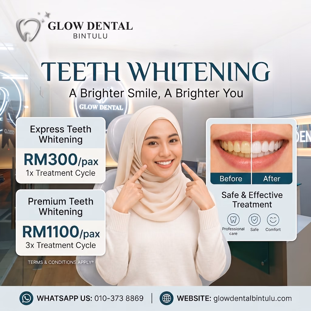Glow Dental Bintulu teeth whitening offer, from RM300 per pax
