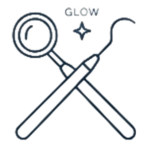 Dental checkup icon showing a mirror and scaler tool, Glow Dental Bintulu